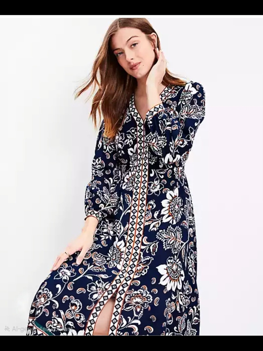 Sofft Navy Floral Print Long Sleeve Maxi Dress